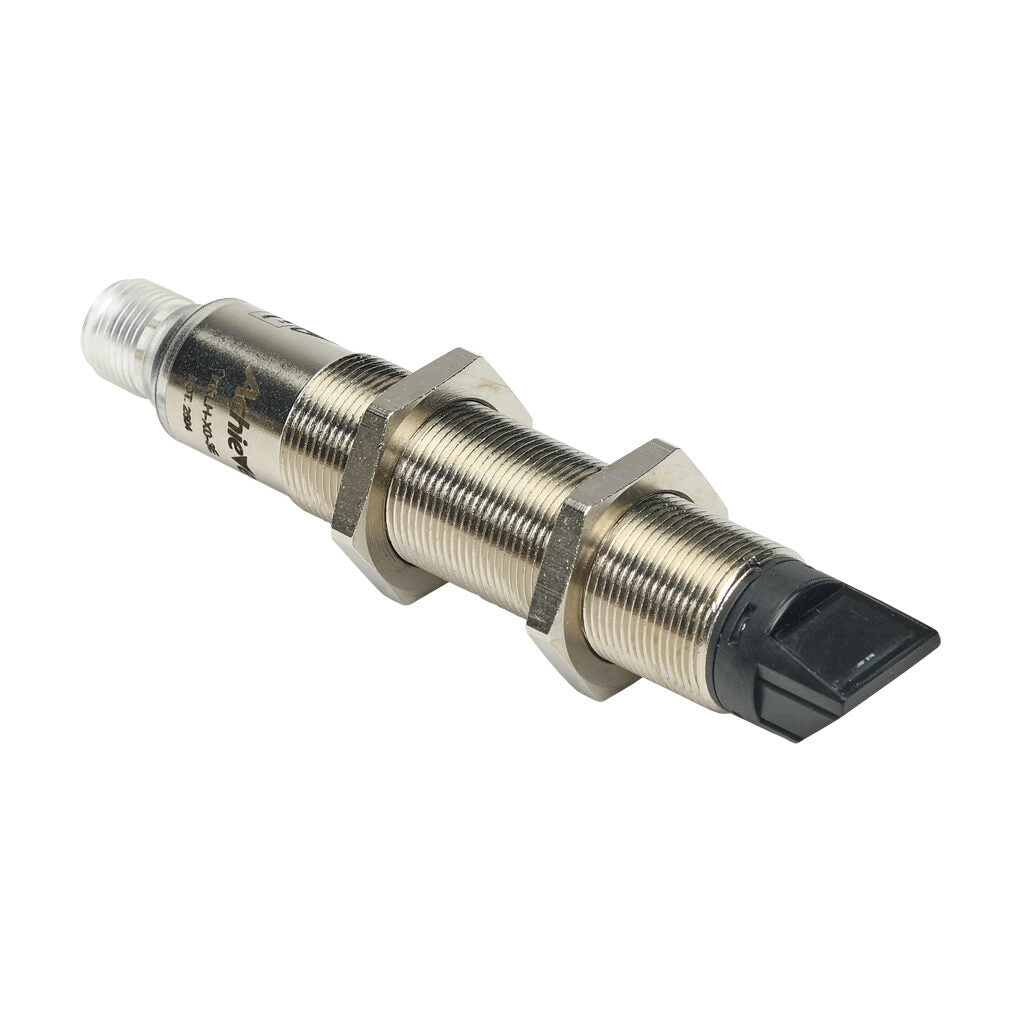AchieVe photoelectric sensor, tubular, threaded, nickel-plated brass housing, through-beam emitter, 90-degree, Class 1 red laser, 0.05-50m sensing distance, 10-30 VDC operating voltage, 3-wire, 4-pin M12 quick-disconnect.-FKLH-X0-3E