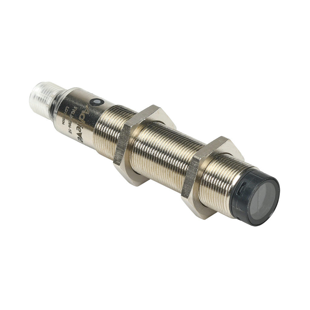 AchieVe photoelectric sensor, tubular, threaded, polarized retroreflective, Class 1 red laser, 0.05-30m sensing distance, complementary light-on/dark-on, NPN, teach-in button, 4-wire, 4-pin M12 quick-disconnect.-FKLN-BN-1E