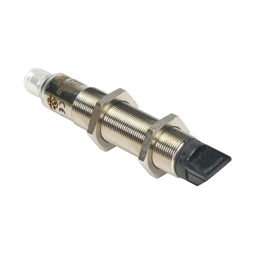 AchieVe photoelectric sensor, tubular, threaded, polarized retroreflective, 90-degree, Class 1 red laser, 0.05-30m sensing distance, complementary light-on/dark-on, NPN, teach-in button, 4-wire, 4-pin M12 quick-disconnect.-FKLN-BN-3E