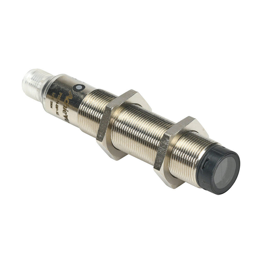 AchieVe photoelectric sensor, tubular, threaded, polarized retroreflective, Class 1 red laser, 0.05-30m sensing distance, complementary light-on/dark-on, PNP, teach-in button, 4-wire, 4-pin M12 quick-disconnect.-FKLN-BP-1E