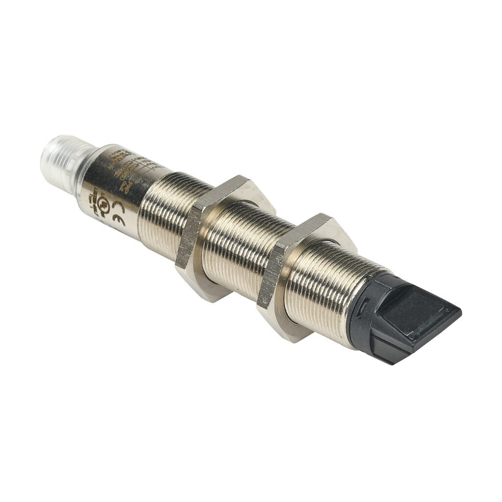 AchieVe photoelectric sensor, tubular, threaded, polarized retroreflective, 90-degree, Class 1 red laser, 0.05-30m sensing distance, complementary light-on/dark-on, PNP, teach-in button, 4-wire, 4-pin M12 quick-disconnect.-FKLN-BP-3E