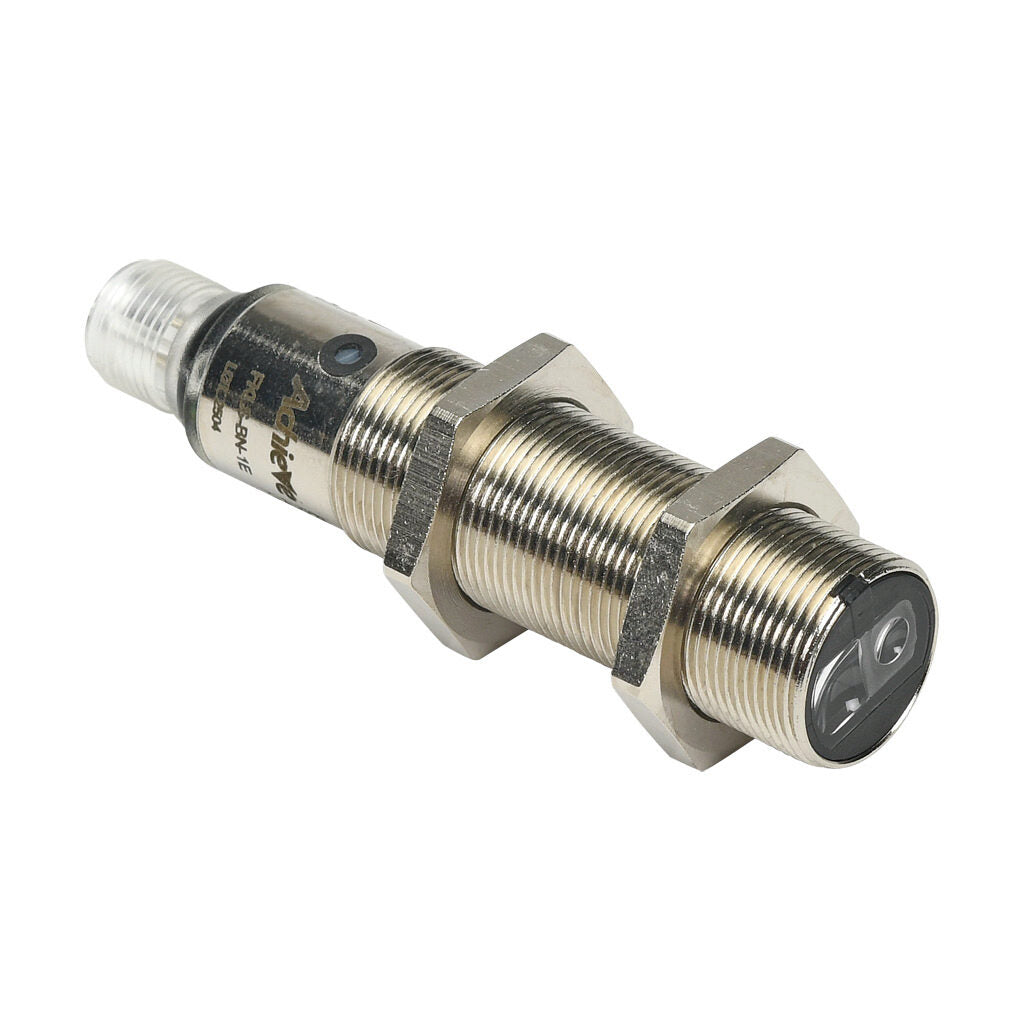 AchieVe photoelectric sensor, tubular, threaded, diffuse with background suppression, 30-100mm sensing distance, complementary light-on/dark-on, NPN, potentiometer, 1.5 kHz switching frequency, 4-pin M12 quick-disconnect.-FKLS-BN-1E