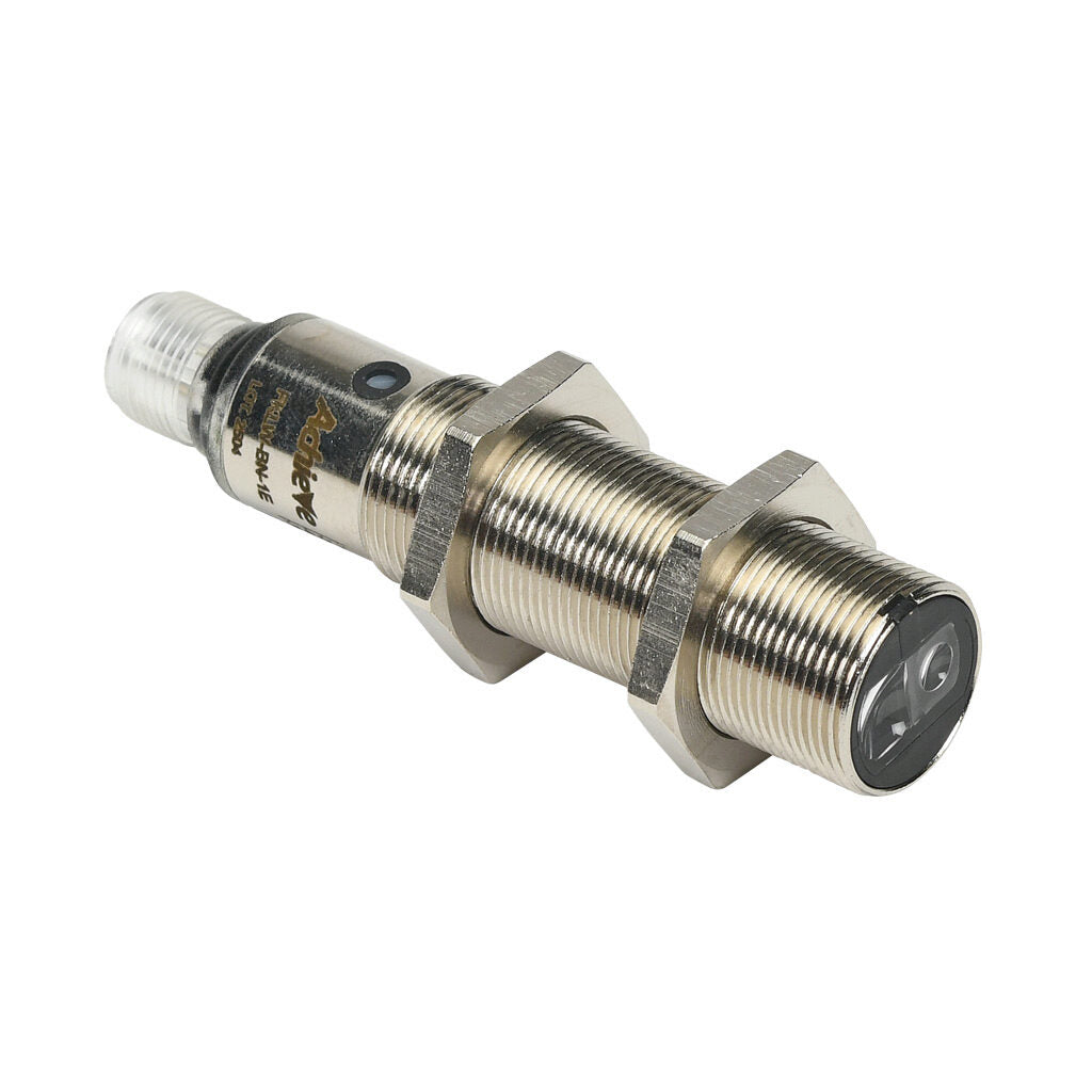 AchieVe photoelectric sensor, tubular, threaded, diffuse with background suppression, 30-150mm sensing distance, complementary light-on/dark-on, NPN, potentiometer, 1.5 kHz switching frequency, 4-pin M12 quick-disconnect.-FKLW-BN-1E