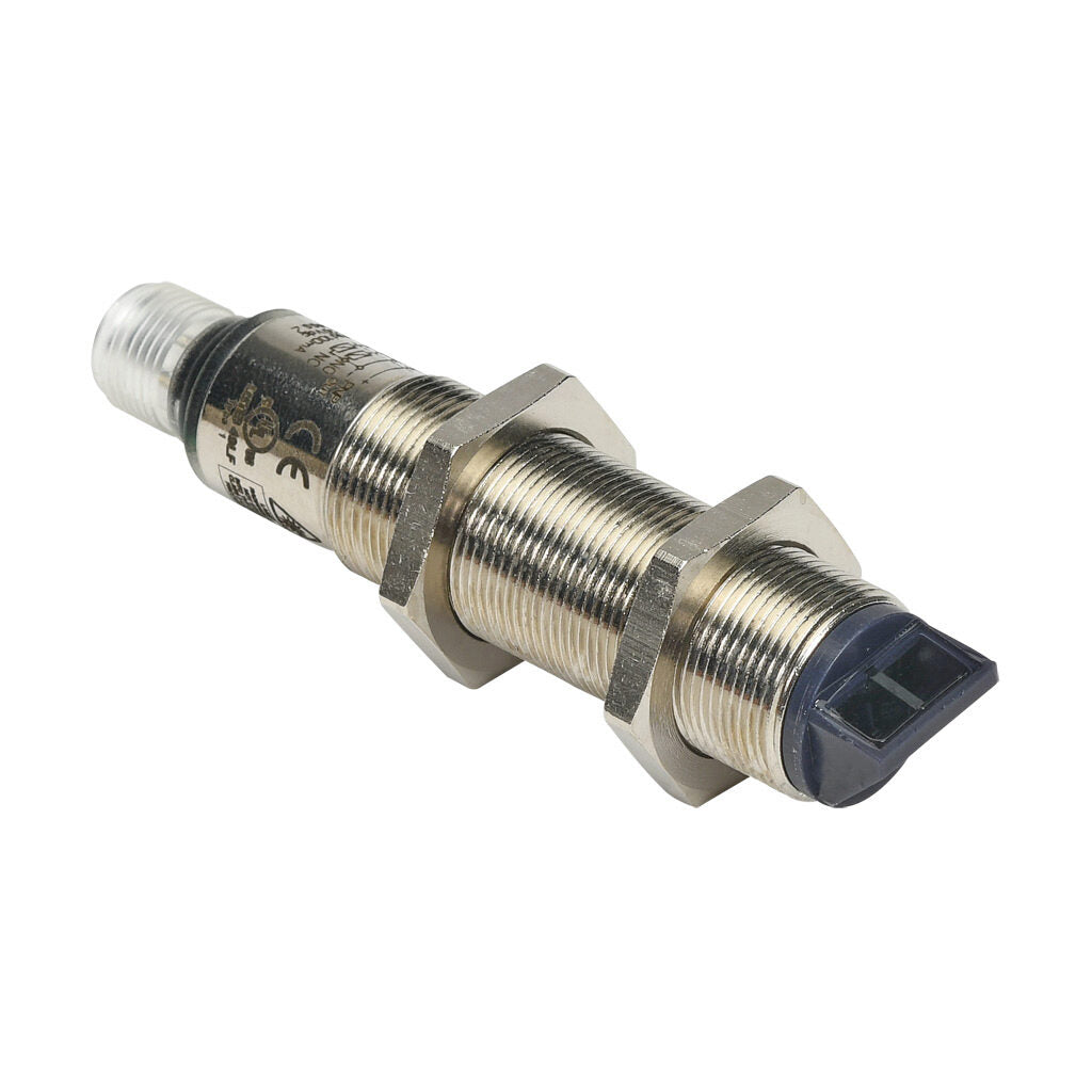 AchieVe photoelectric sensor, tubular, threaded, diffuse with background suppression, 90-degree, 30-130mm sensing distance, complementary light-on/dark-on, PNP, potentiometer, 1.5 kHz switching frequency, 4-pin M12 quick-disconnect.-FKLW-BP-3E