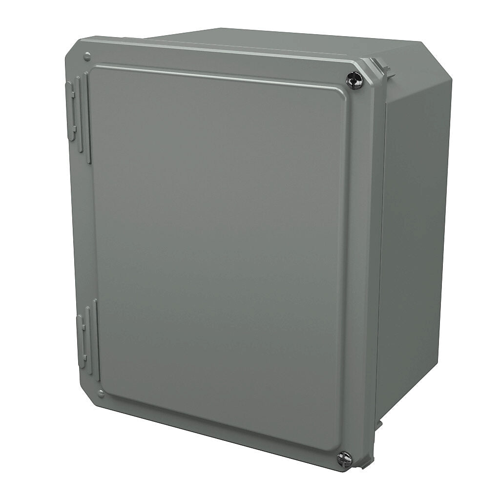 AttaBox Freedom series enclosure, NEMA 1/3/3S/4X/12/13, 10 x 8 x 6in (HxWxD), wall mount, fiberglass reinforced polyester, gray, crowned hinged screw cover.-FR100806HW