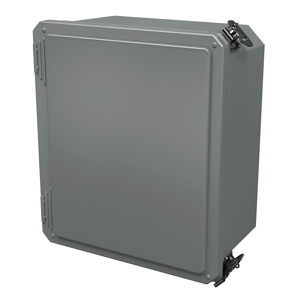 AttaBox Freedom series enclosure, NEMA 1/3/3S/4X/12/13, 12 x 10 x 6in (HxWxD), wall mount, fiberglass reinforced polyester, gray, crowned single-door, (2) twist-lock latches, padlock hasp and staple.-FR121006HLL