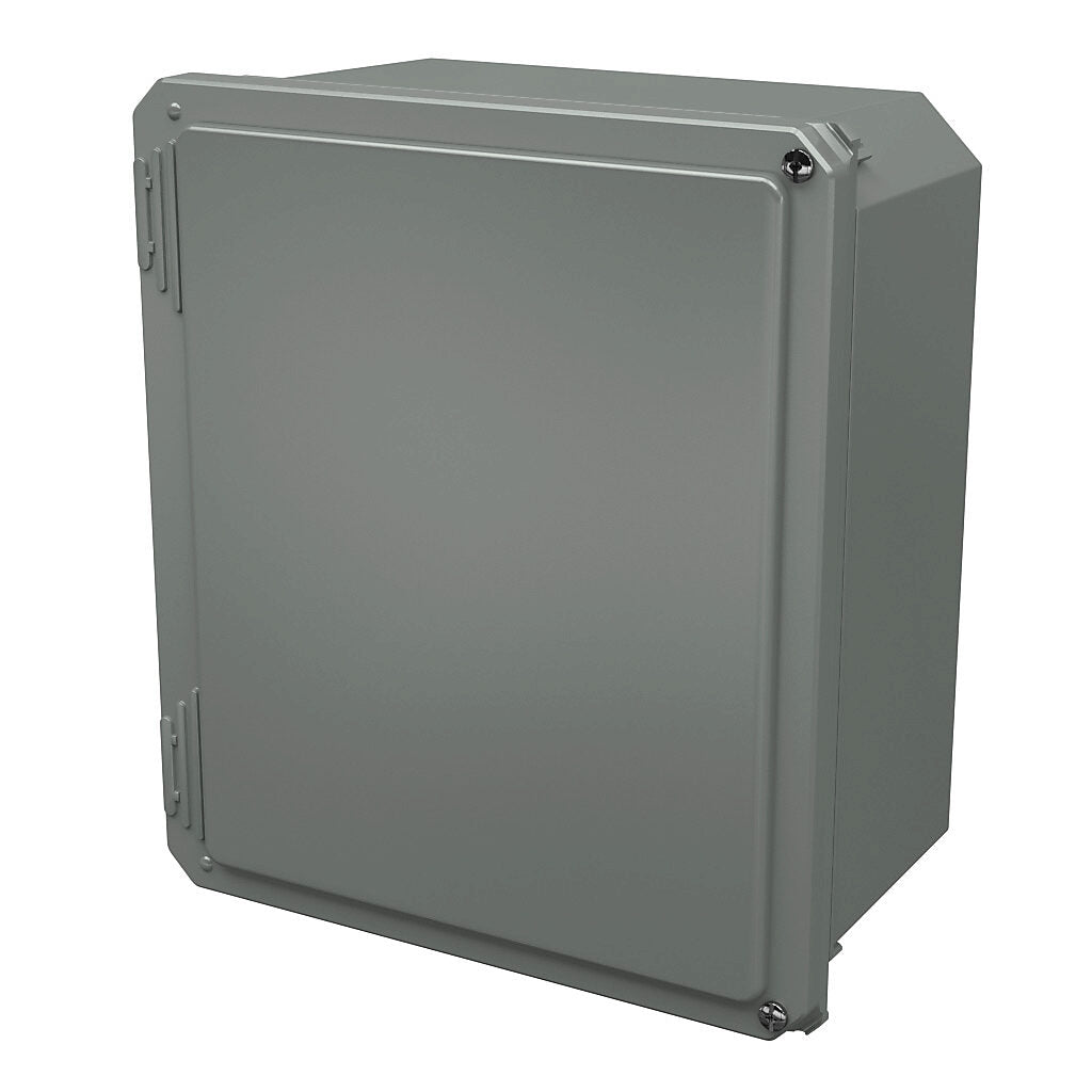 AttaBox Freedom series enclosure, NEMA 1/3/3S/4X/12/13, 12 x 10 x 6in (HxWxD), wall mount, fiberglass reinforced polyester, gray, crowned hinged screw cover.-FR121006HW