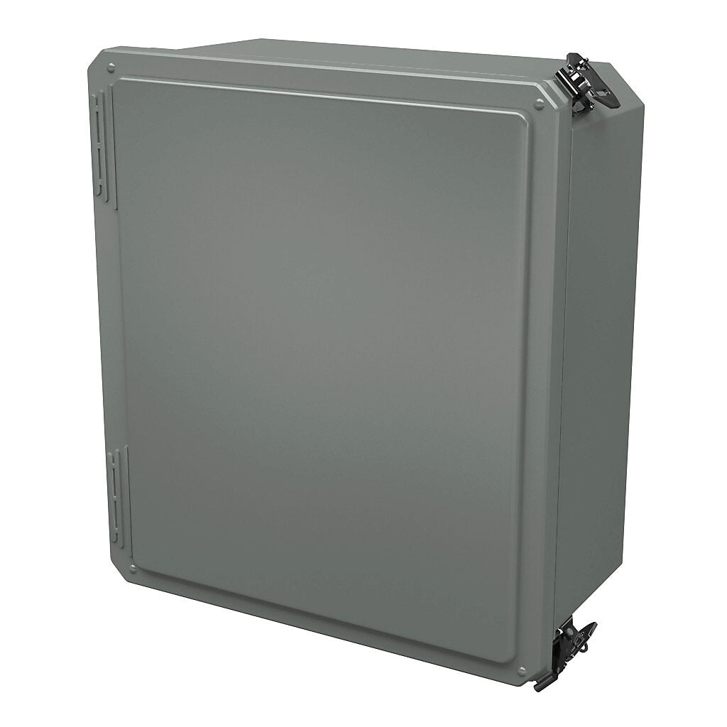 AttaBox Freedom series enclosure, NEMA 1/3/3S/4X/12/13, 14 x 12 x 6in (HxWxD), wall mount, fiberglass reinforced polyester, gray, crowned single-door, (2) twist-lock latches, padlock hasp and staple.-FR141206HLL