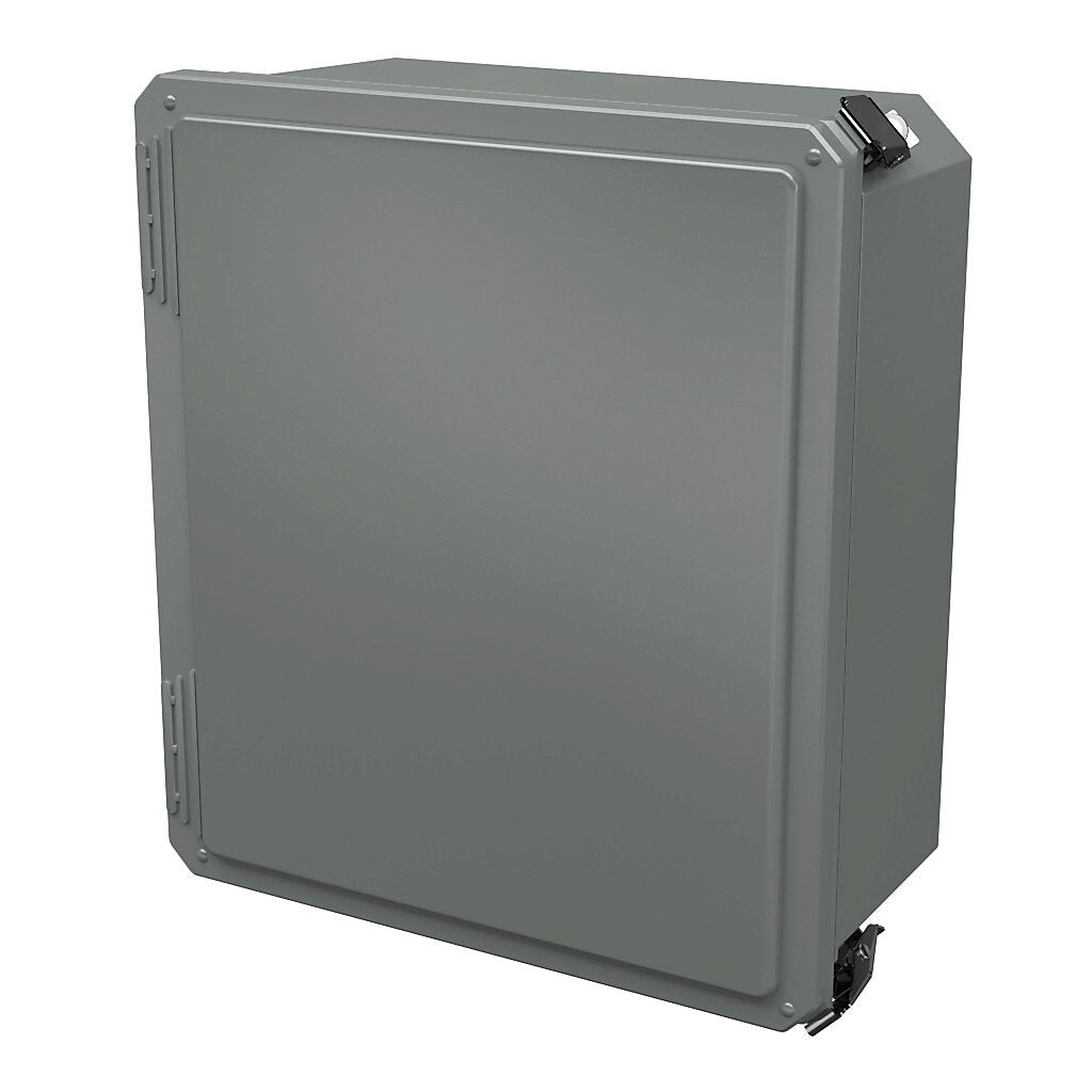 AttaBox Freedom series enclosure, NEMA 1/3/3S/4X/12/13, 14 x 12 x 6in (HxWxD), wall mount, fiberglass reinforced polyester, gray, crowned single-door, (2) quick-release latches, padlock hasp and staple.-FR141206HPL
