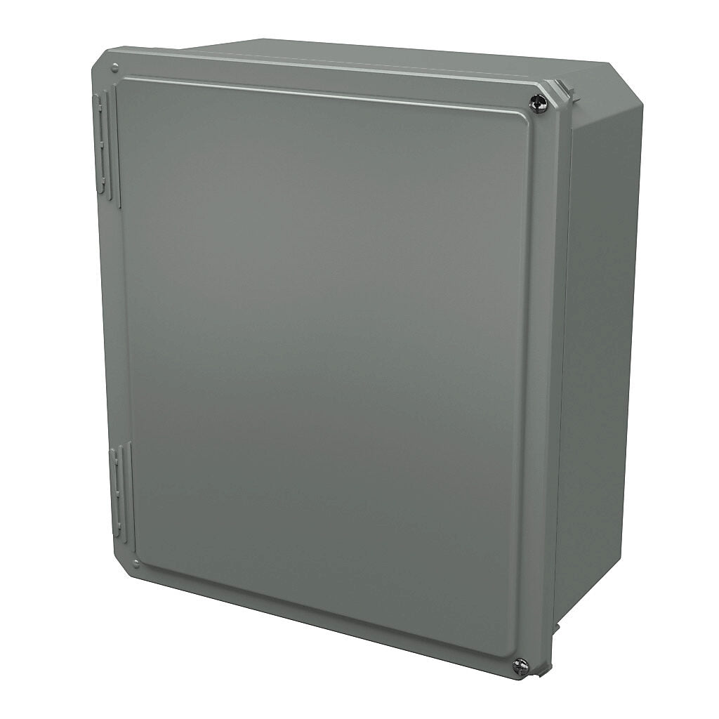 AttaBox Freedom series enclosure, NEMA 1/3/3S/4X/12/13, 14 x 12 x 6in (HxWxD), wall mount, fiberglass reinforced polyester, gray, crowned hinged screw cover.-FR141206HW