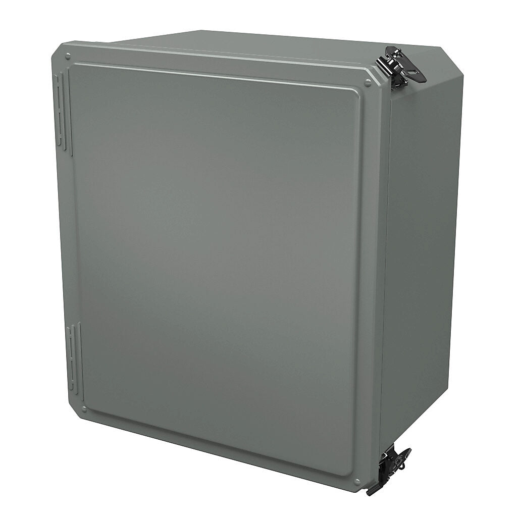 AttaBox Freedom series enclosure, NEMA 1/3/3S/4X/12/13, 14 x 12 x 8in (HxWxD), wall mount, fiberglass reinforced polyester, gray, crowned single-door, (2) twist-lock latches, padlock hasp and staple.-FR141208HLL