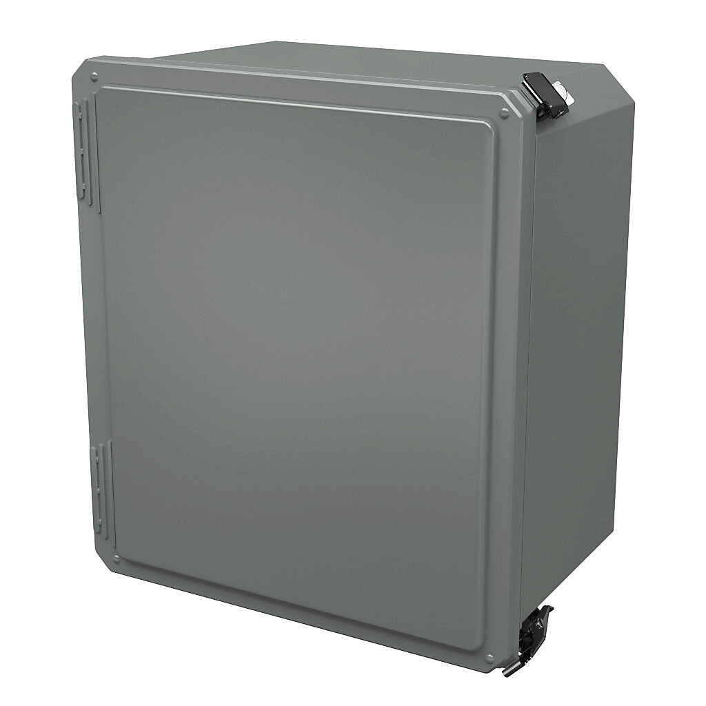 AttaBox Freedom series enclosure, NEMA 1/3/3S/4X/12/13, 14 x 12 x 8in (HxWxD), wall mount, fiberglass reinforced polyester, gray, crowned single-door, (2) quick-release latches, padlock hasp and staple.-FR141208HPL