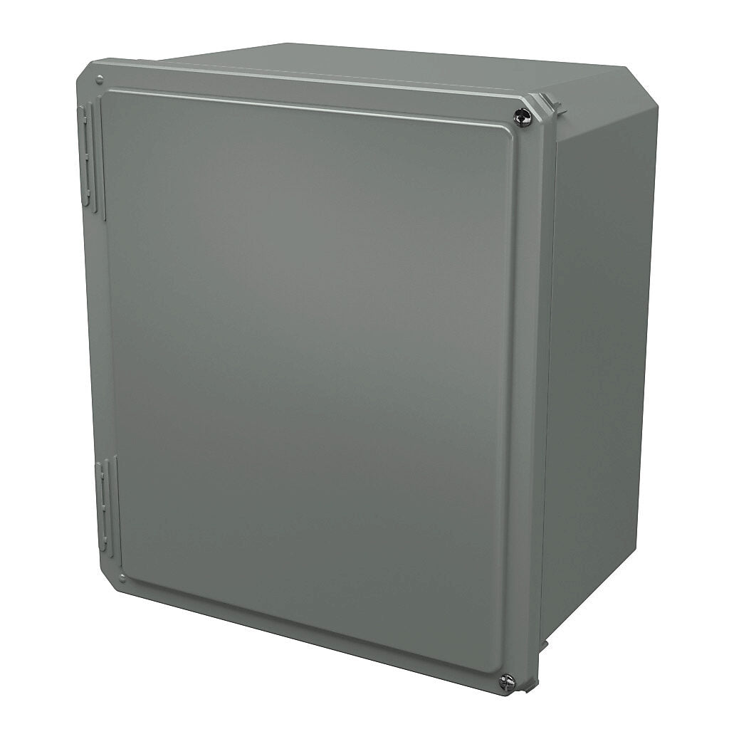 AttaBox Freedom series enclosure, NEMA 1/3/3S/4X/12/13, 14 x 12 x 8in (HxWxD), wall mount, fiberglass reinforced polyester, gray, crowned hinged screw cover.-FR141208HW