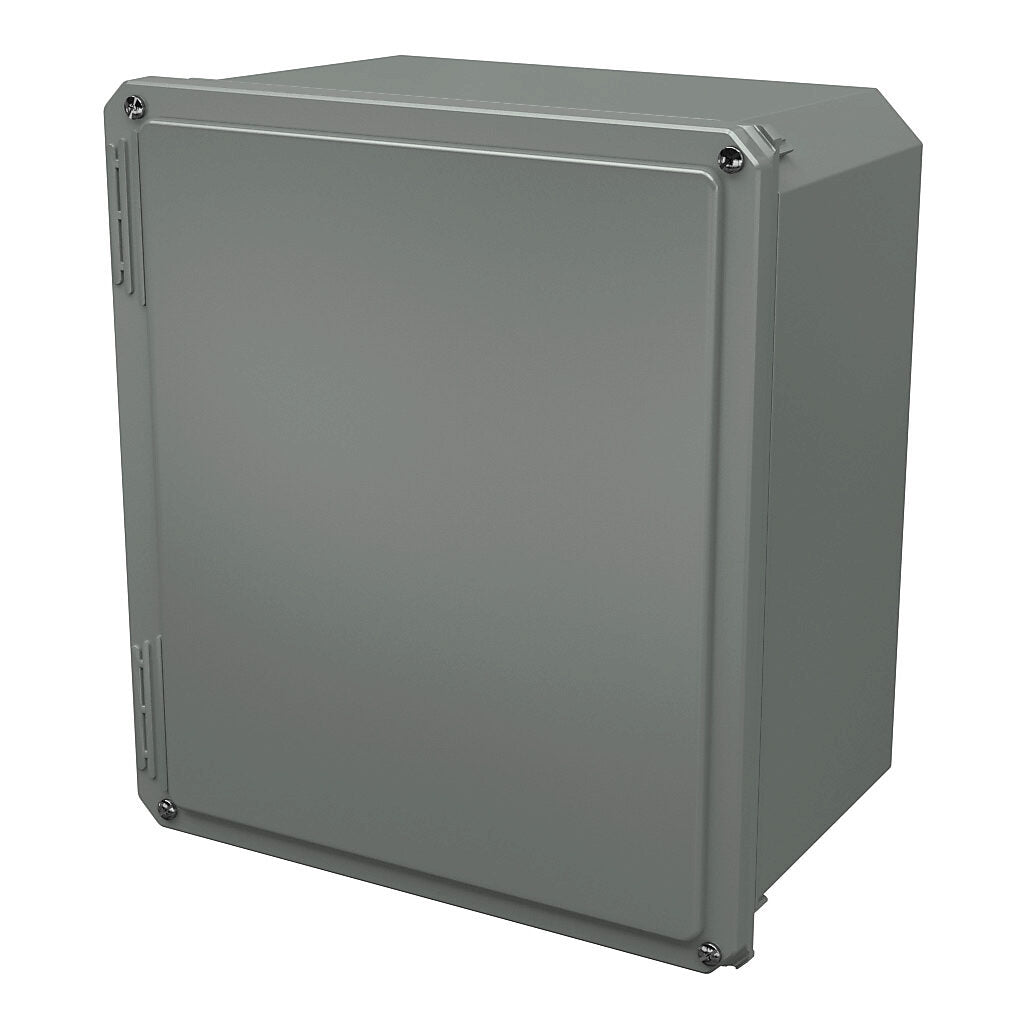 AttaBox Freedom series enclosure, NEMA 1/3/3S/4X/12/13, 14 x 12 x 8in (HxWxD), wall mount, fiberglass reinforced polyester, gray, crowned screw cover.-FR141208W