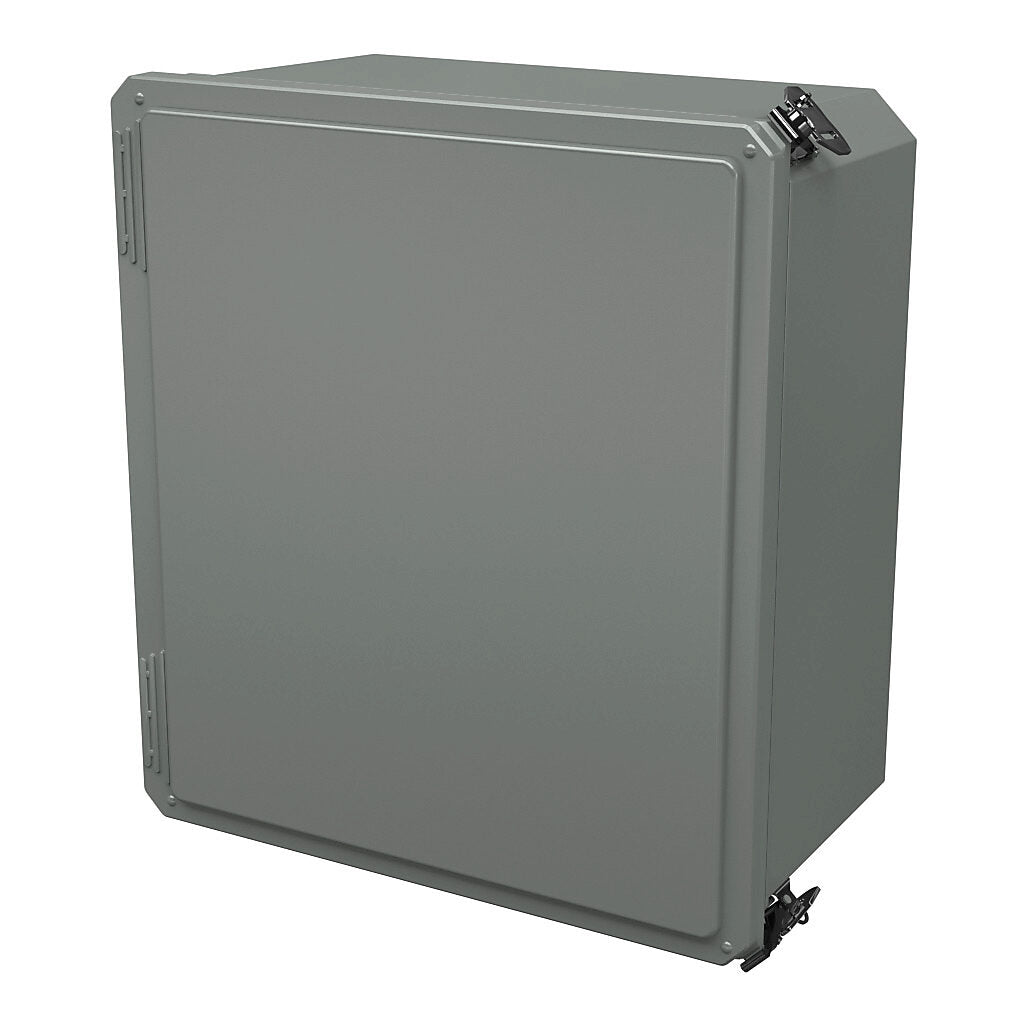 AttaBox Freedom series enclosure, NEMA 1/3/3S/4X/12/13, 16 x 14 x 8in (HxWxD), wall mount, fiberglass reinforced polyester, gray, crowned single-door, (2) twist-lock latches, padlock hasp and staple.-FR161408HLL