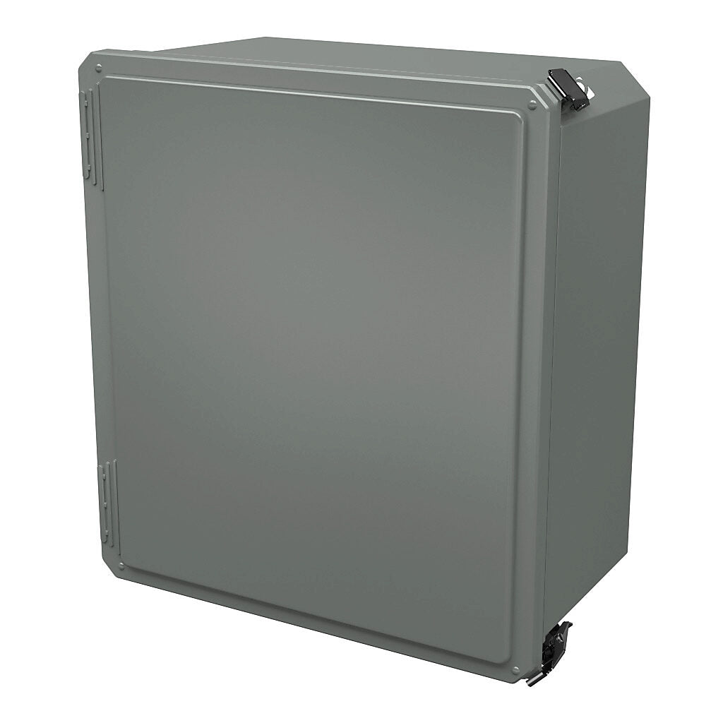 AttaBox Freedom series enclosure, NEMA 1/3/3S/4X/12/13, 16 x 14 x 8in (HxWxD), wall mount, fiberglass reinforced polyester, gray, crowned single-door, (2) quick-release latches, padlock hasp and staple.-FR161408HPL