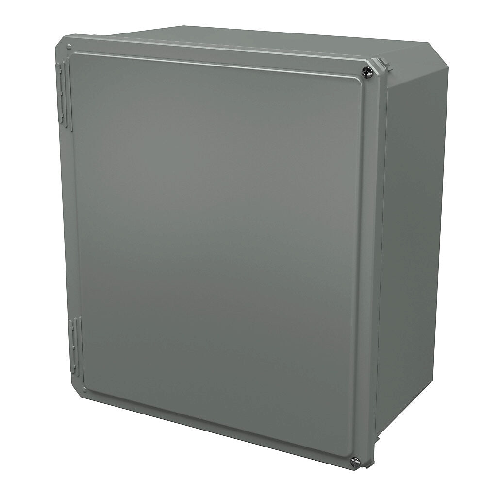 AttaBox Freedom series enclosure, NEMA 1/3/3S/4X/12/13, 16 x 14 x 8in (HxWxD), wall mount, fiberglass reinforced polyester, gray, crowned hinged screw cover.-FR161408HW