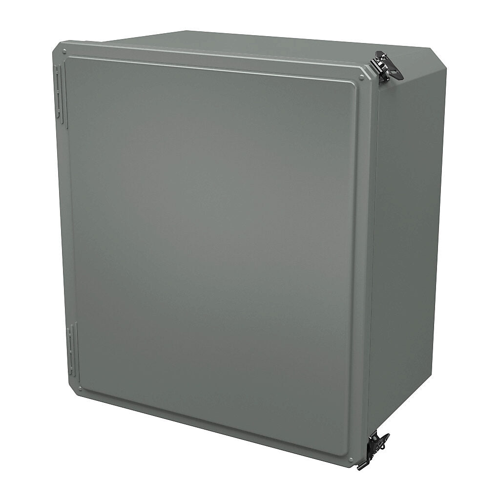 AttaBox Freedom series enclosure, NEMA 1/3/3S/4X/12/13, 18 x 16 x 10in (HxWxD), wall mount, fiberglass reinforced polyester, gray, crowned single-door, (2) twist-lock latches, padlock hasp and staple.-FR181610HLL