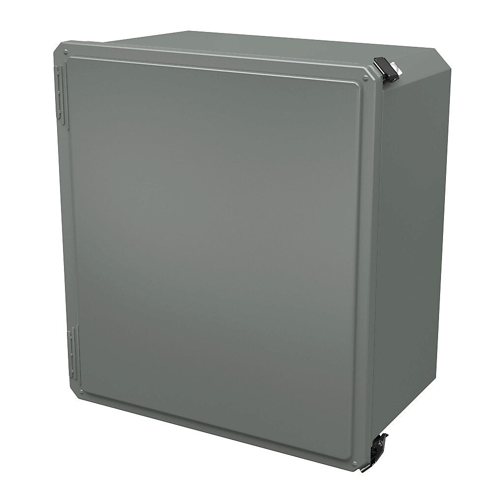AttaBox Freedom series enclosure, NEMA 1/3/3S/4X/12/13, 18 x 16 x 10in (HxWxD), wall mount, fiberglass reinforced polyester, gray, crowned single-door, (2) quick-release latches, padlock hasp and staple.-FR181610HPL