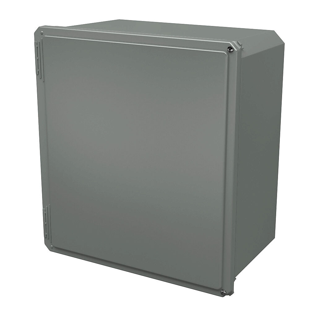 AttaBox Freedom series enclosure, NEMA 1/3/3S/4X/12/13, 18 x 16 x 10in (HxWxD), wall mount, fiberglass reinforced polyester, gray, crowned hinged screw cover.-FR181610HW