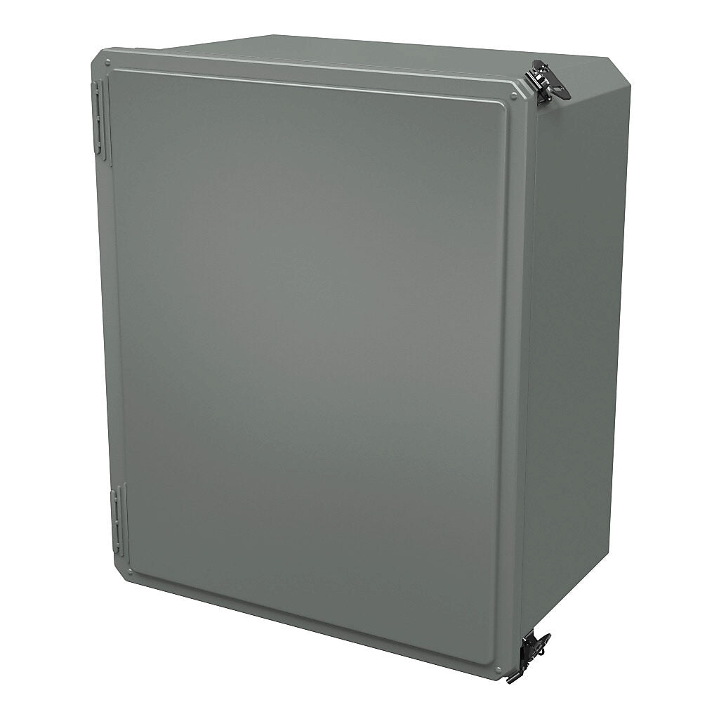 AttaBox Freedom series enclosure, NEMA 1/3/3S/4X/12/13, 20 x 16 x 10in (HxWxD), wall mount, fiberglass reinforced polyester, gray, crowned single-door, (2) twist-lock latches, padlock hasp and staple.-FR201610HLL