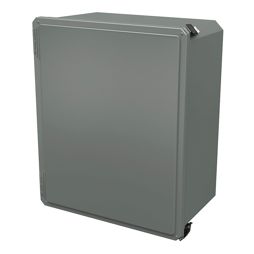 AttaBox Freedom series enclosure, NEMA 1/3/3S/4X/12/13, 20 x 16 x 10in (HxWxD), wall mount, fiberglass reinforced polyester, gray, crowned single-door, (2) quick-release latches, padlock hasp and staple.-FR201610HPL