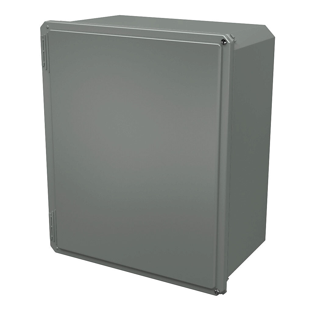AttaBox Freedom series enclosure, NEMA 1/3/3S/4X/12/13, 20 x 16 x 10in (HxWxD), wall mount, fiberglass reinforced polyester, gray, crowned hinged screw cover.-FR201610HW