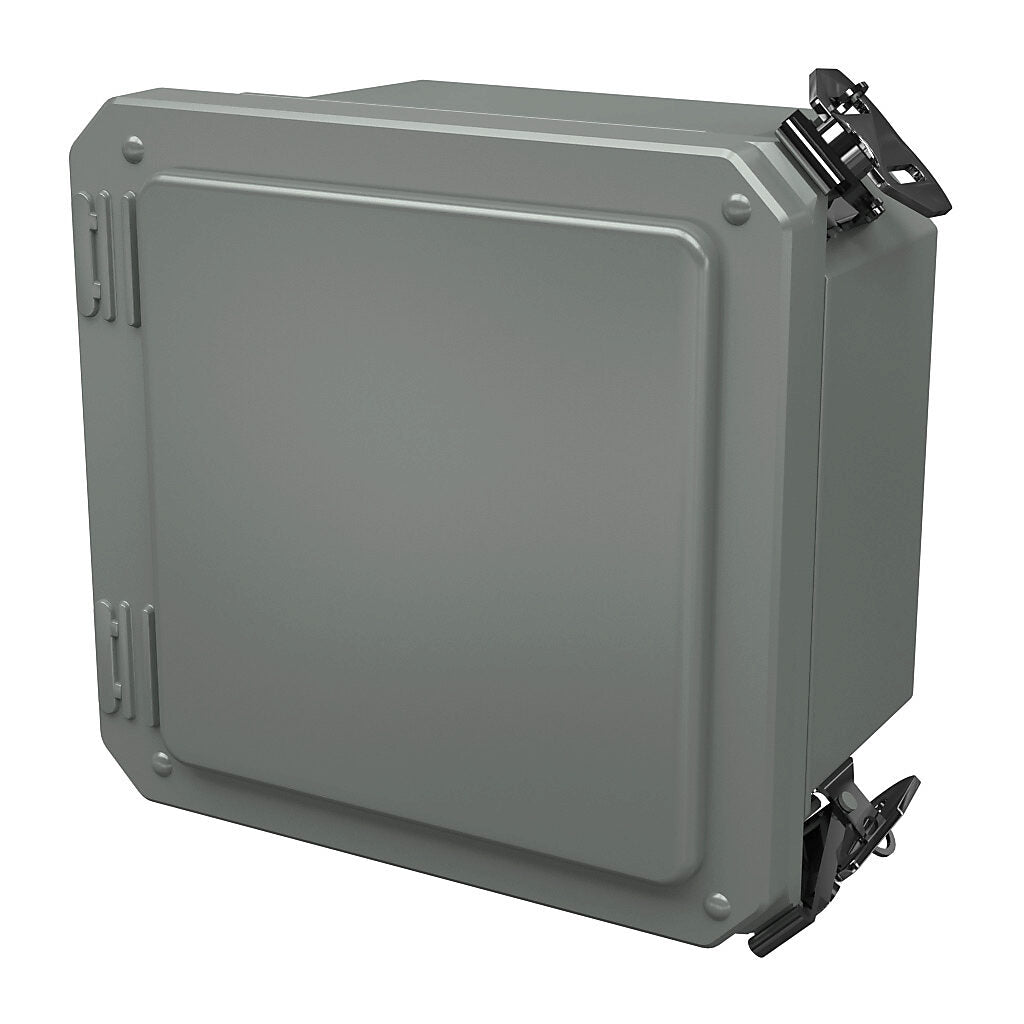 AttaBox Freedom series enclosure, NEMA 1/3/3S/4X/12/13, 6 x 6 x 4in (HxWxD), wall mount, fiberglass reinforced polyester, gray, crowned single-door, (2) twist-lock latches, padlock hasp and staple.-FR60604HLL