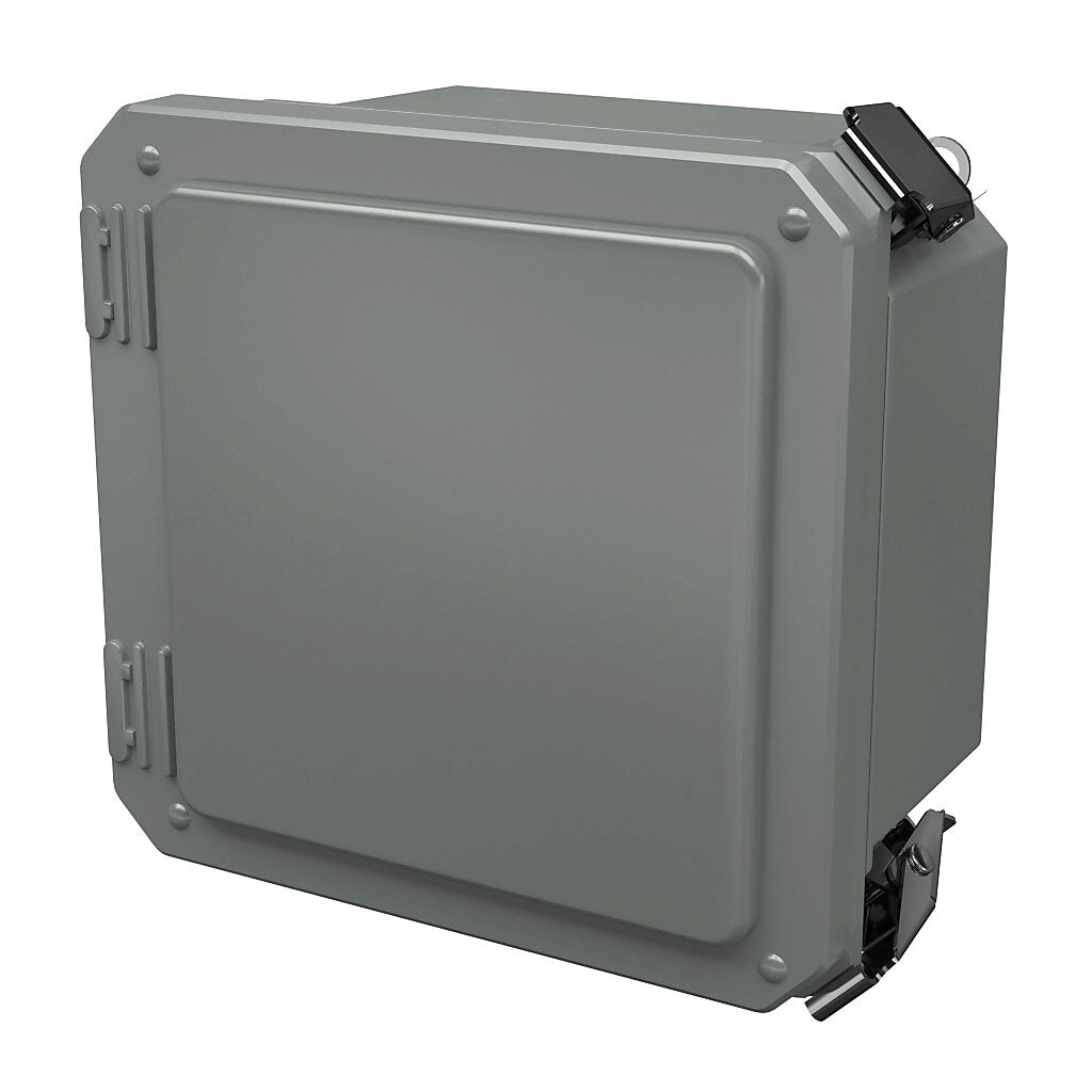 AttaBox Freedom series enclosure, NEMA 1/3/3S/4X/12/13, 6 x 6 x 4in (HxWxD), wall mount, fiberglass reinforced polyester, gray, crowned single-door, (2) quick-release latches, padlock hasp and staple.-FR60604HPL