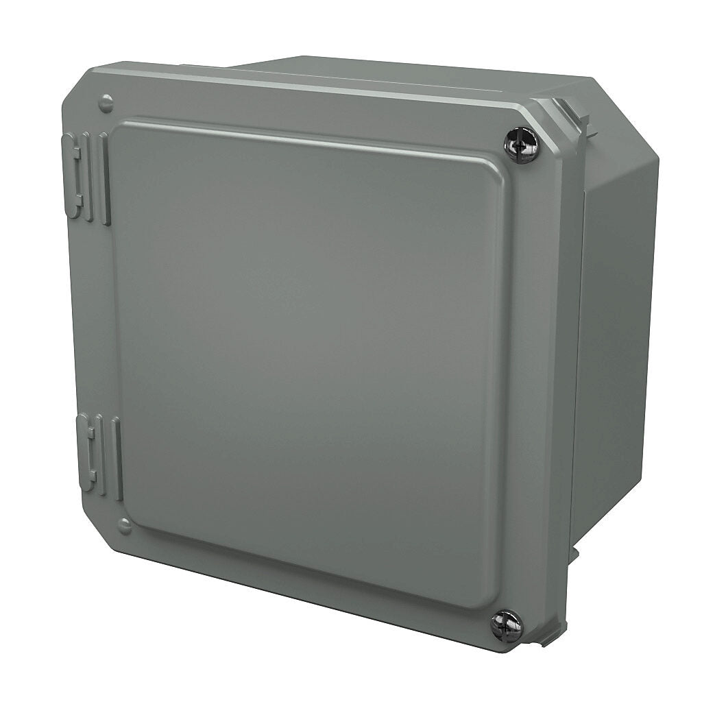 AttaBox Freedom series enclosure, NEMA 1/3/3S/4X/12/13, 6 x 6 x 4in (HxWxD), wall mount, fiberglass reinforced polyester, gray, crowned hinged screw cover.-FR60604HW