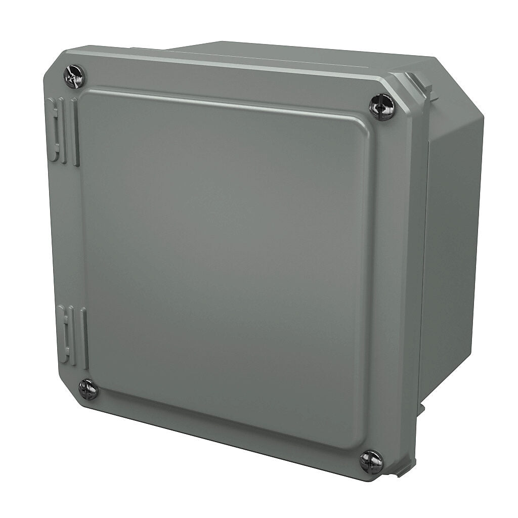 AttaBox Freedom series enclosure, NEMA 1/3/3S/4X/12/13, 6 x 6 x 4in (HxWxD), wall mount, fiberglass reinforced polyester, gray, crowned screw cover.-FR60604W