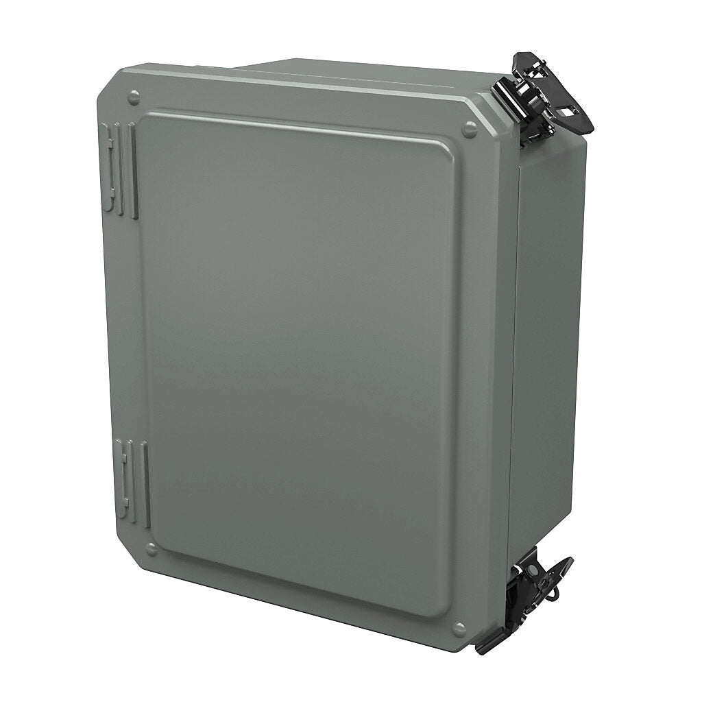 AttaBox Freedom series enclosure, NEMA 1/3/3S/4X/12/13, 8 x 6 x 4in (HxWxD), wall mount, fiberglass reinforced polyester, gray, crowned single-door, (2) twist-lock latches, padlock hasp and staple.-FR80604HLL