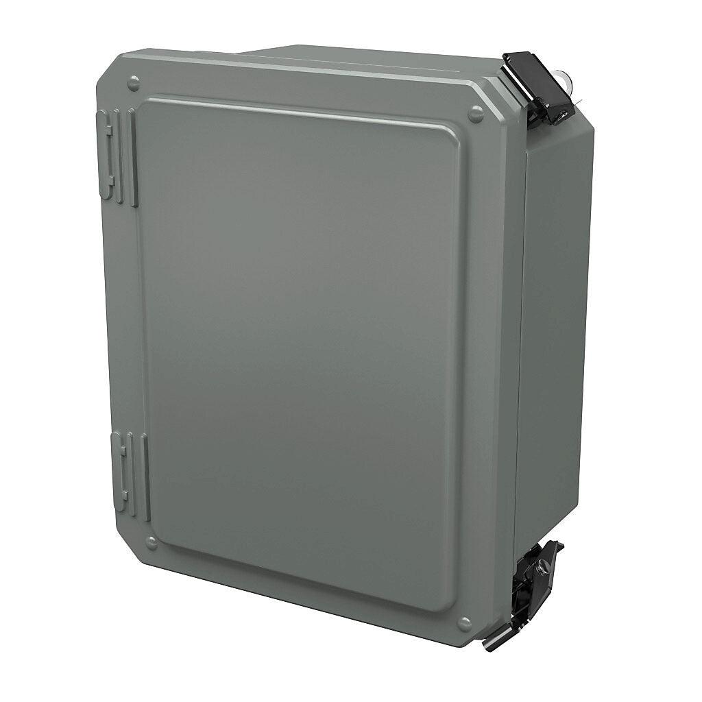 AttaBox Freedom series enclosure, NEMA 1/3/3S/4X/12/13, 8 x 6 x 4in (HxWxD), wall mount, fiberglass reinforced polyester, gray, crowned single-door, (2) quick-release latches, padlock hasp and staple.-FR80604HPL