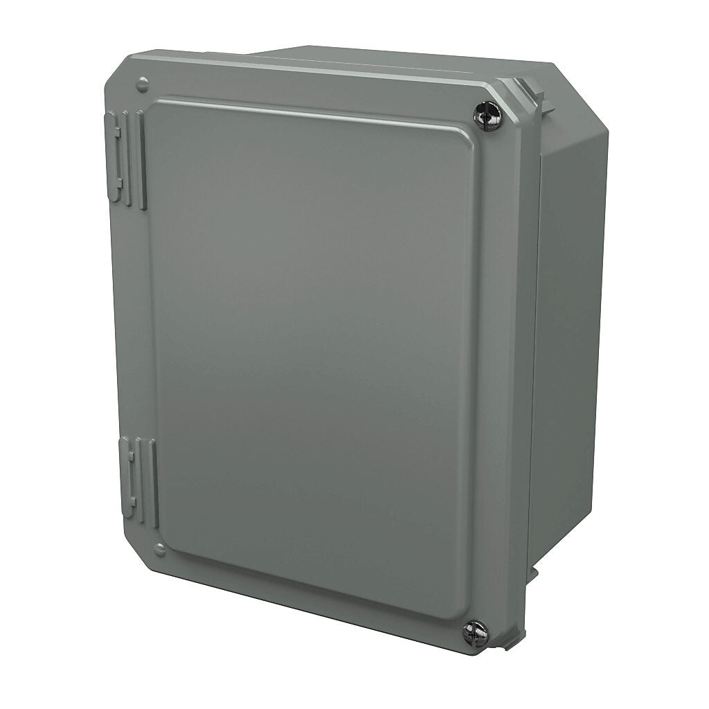 AttaBox Freedom series enclosure, NEMA 1/3/3S/4X/12/13, 8 x 6 x 4in (HxWxD), wall mount, fiberglass reinforced polyester, gray, crowned hinged screw cover.-FR80604HW