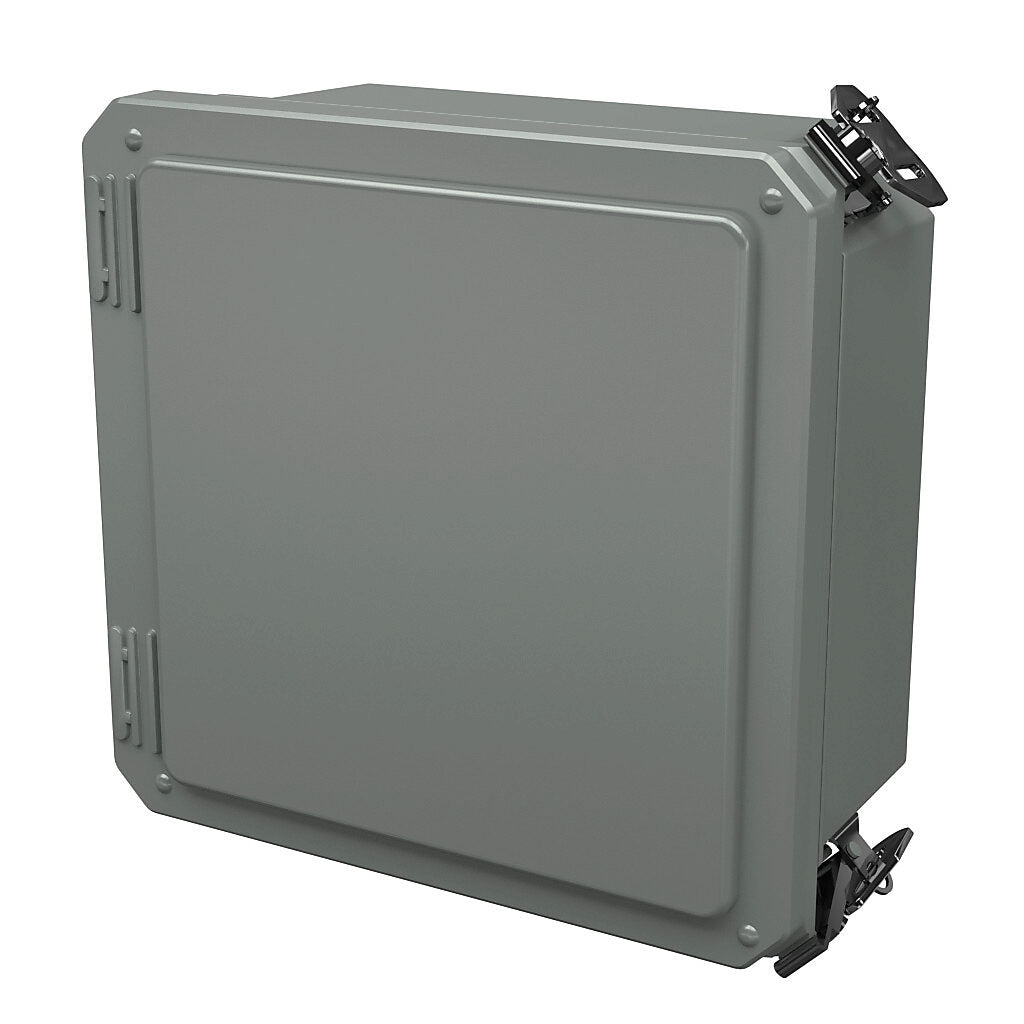 AttaBox Freedom series enclosure, NEMA 1/3/3S/4X/12/13, 8 x 8 x 4in (HxWxD), wall mount, fiberglass reinforced polyester, gray, crowned single-door, (2) twist-lock latches, padlock hasp and staple.-FR80804HLL