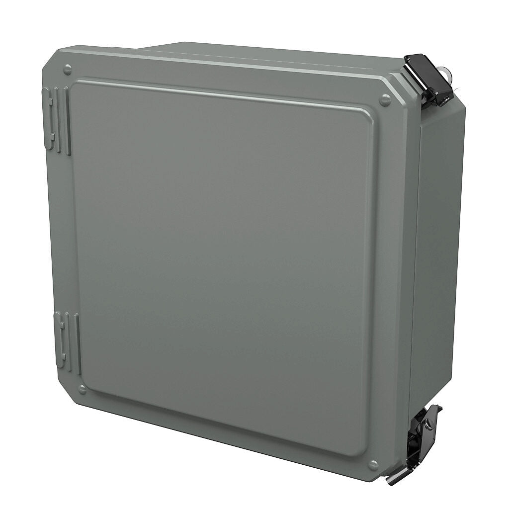 AttaBox Freedom series enclosure, NEMA 1/3/3S/4X/12/13, 8 x 8 x 4in (HxWxD), wall mount, fiberglass reinforced polyester, gray, crowned single-door, (2) quick-release latches, padlock hasp and staple.-FR80804HPL