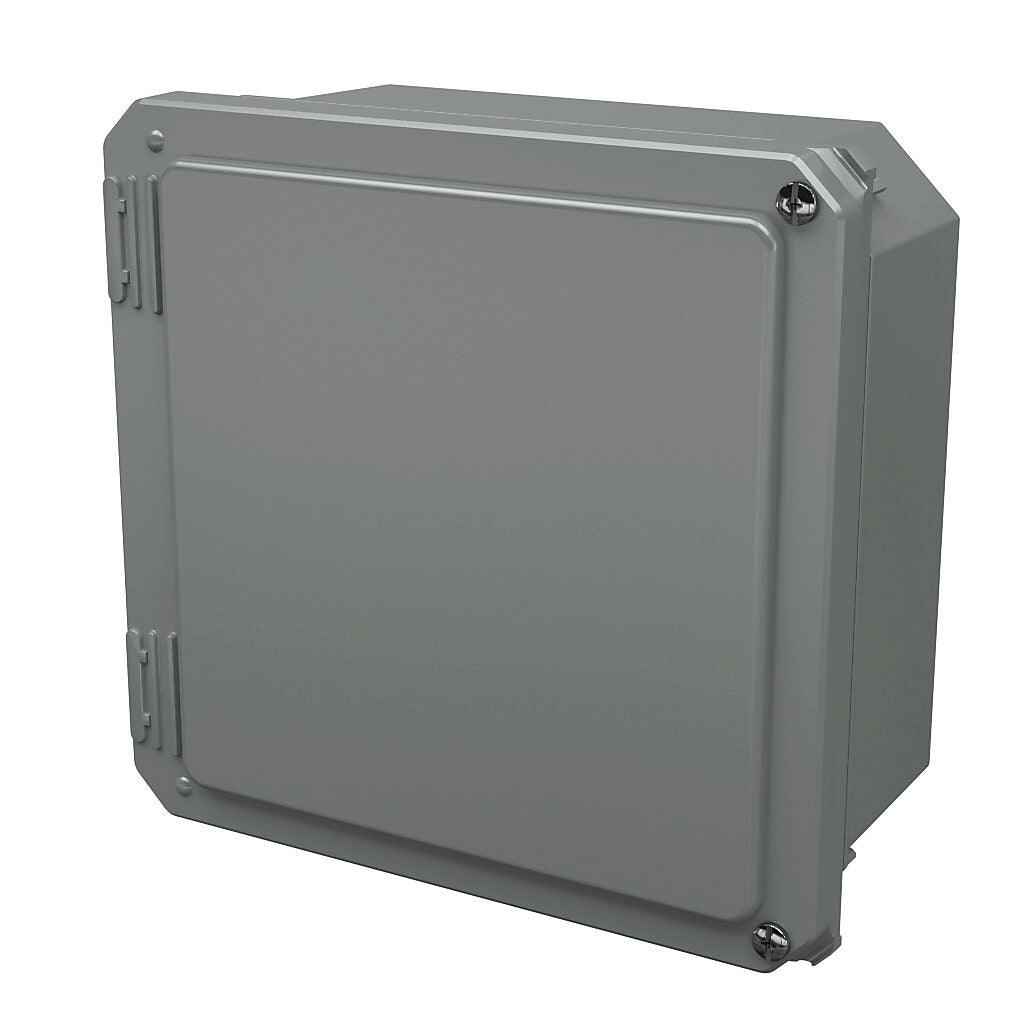 AttaBox Freedom series enclosure, NEMA 1/3/3S/4X/12/13, 8 x 8 x 4in (HxWxD), wall mount, fiberglass reinforced polyester, gray, crowned hinged screw cover.-FR80804HW
