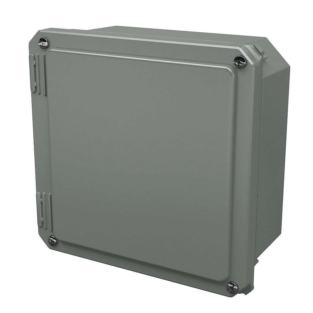 AttaBox Freedom series enclosure, NEMA 1/3/3S/4X/12/13, 8 x 8 x 4in (HxWxD), wall mount, fiberglass reinforced polyester, gray, crowned screw cover.-FR80804W