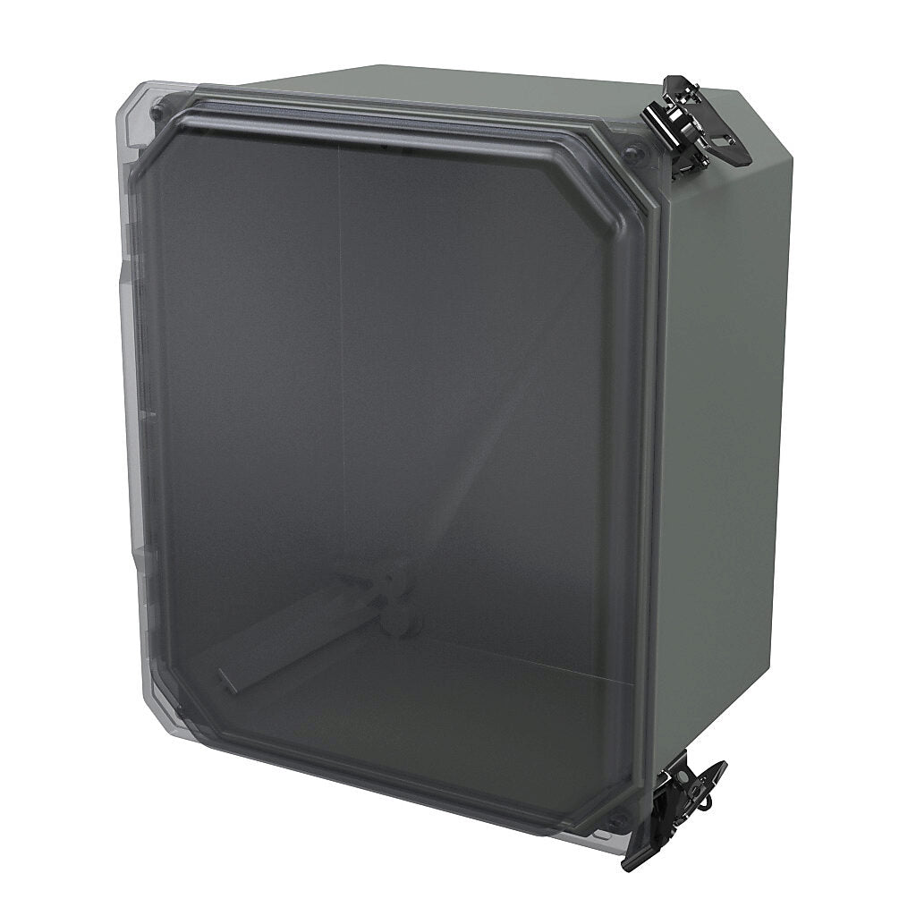 AttaBox Freedom series enclosure, NEMA 1/3/3S/4X/12/13, 10 x 8 x 6in (HxWxD), wall mount, fiberglass reinforced polyester, gray, clear polycarbonate single-door, (2) twist-lock latches, padlock hasp and staple.-FRCC100806HLL