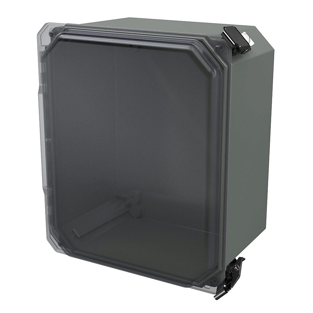 AttaBox Freedom series enclosure, NEMA 1/3/3S/4X/12/13, 10 x 8 x 6in (HxWxD), wall mount, fiberglass reinforced polyester, gray, clear polycarbonate single-door, (2) quick-release latches, padlock hasp and staple.-FRCC100806HPL