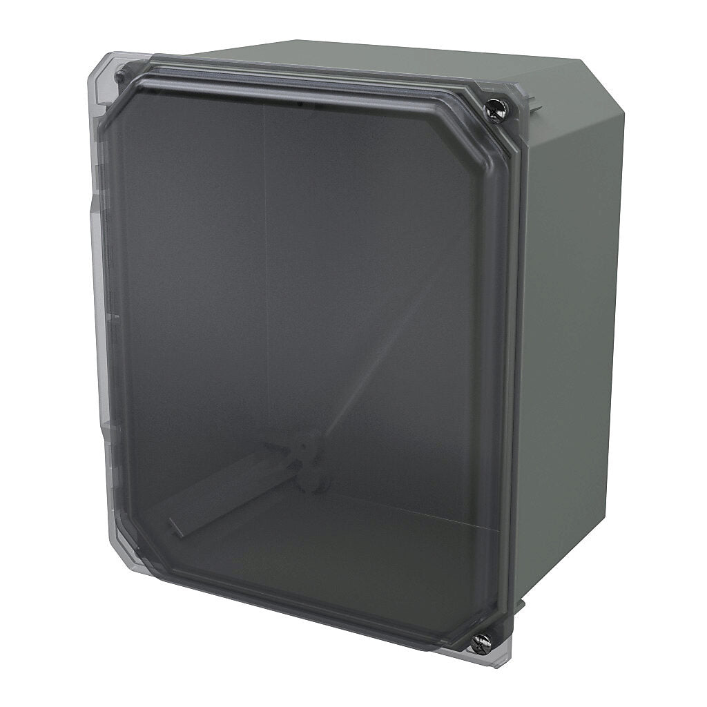 AttaBox Freedom series enclosure, NEMA 1/3/3S/4X/12/13, 10 x 8 x 6in (HxWxD), wall mount, fiberglass reinforced polyester, gray, clear polycarbonate hinged screw cover.-FRCC100806HW