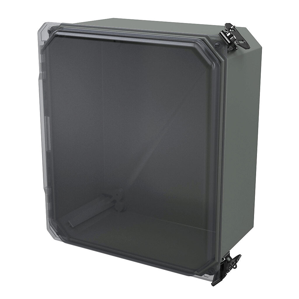 AttaBox Freedom series enclosure, NEMA 1/3/3S/4X/12/13, 12 x 10 x 6in (HxWxD), wall mount, fiberglass reinforced polyester, gray, clear polycarbonate single-door, (2) twist-lock latches, padlock hasp and staple.-FRCC121006HLL