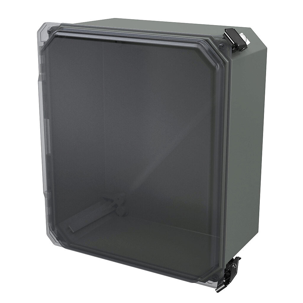 AttaBox Freedom series enclosure, NEMA 1/3/3S/4X/12/13, 12 x 10 x 6in (HxWxD), wall mount, fiberglass reinforced polyester, gray, clear polycarbonate single-door, (2) quick-release latches, padlock hasp and staple.-FRCC121006HPL