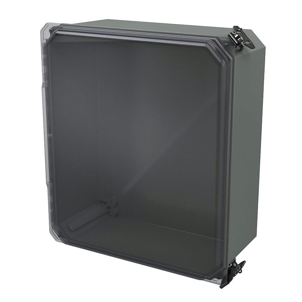 AttaBox Freedom series enclosure, NEMA 1/3/3S/4X/12/13, 14 x 12 x 6in (HxWxD), wall mount, fiberglass reinforced polyester, gray, clear polycarbonate single-door, (2) twist-lock latches, padlock hasp and staple.-FRCC141206HLL
