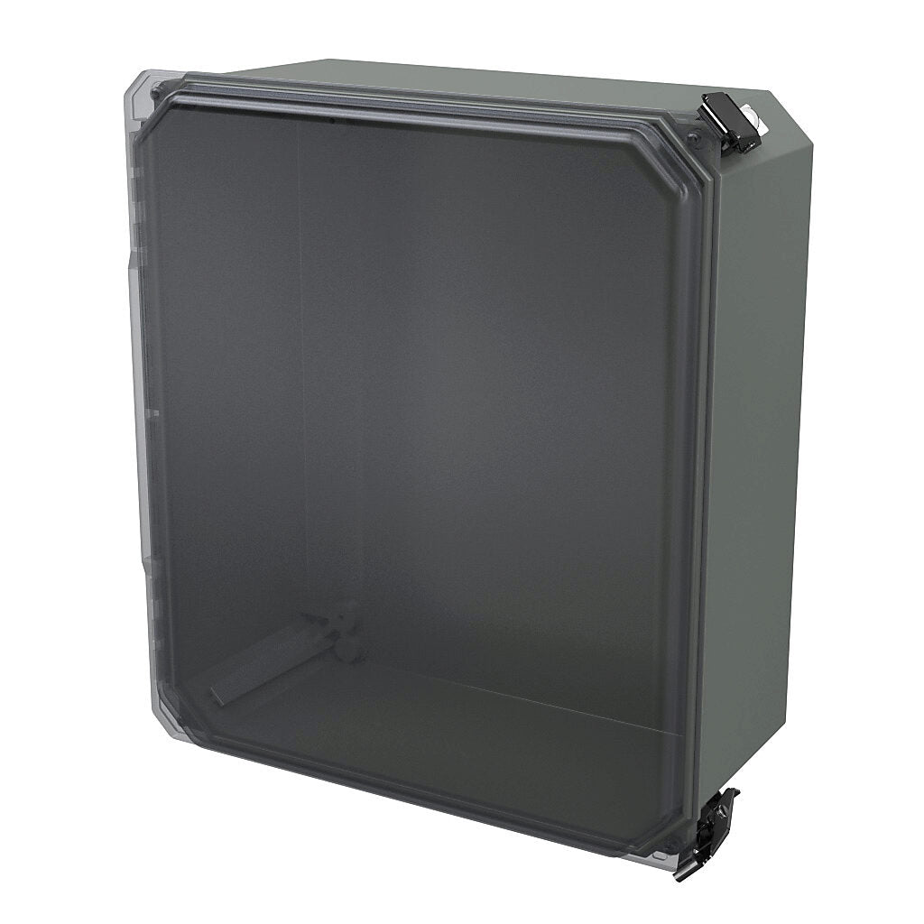 AttaBox Freedom series enclosure, NEMA 1/3/3S/4X/12/13, 14 x 12 x 6in (HxWxD), wall mount, fiberglass reinforced polyester, gray, clear polycarbonate single-door, (2) quick-release latches, padlock hasp and staple.-FRCC141206HPL