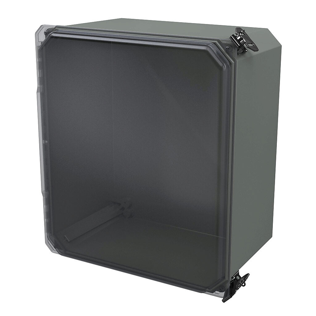 AttaBox Freedom series enclosure, NEMA 1/3/3S/4X/12/13, 14 x 12 x 8in (HxWxD), wall mount, fiberglass reinforced polyester, gray, clear polycarbonate single-door, (2) twist-lock latches, padlock hasp and staple.-FRCC141208HLL