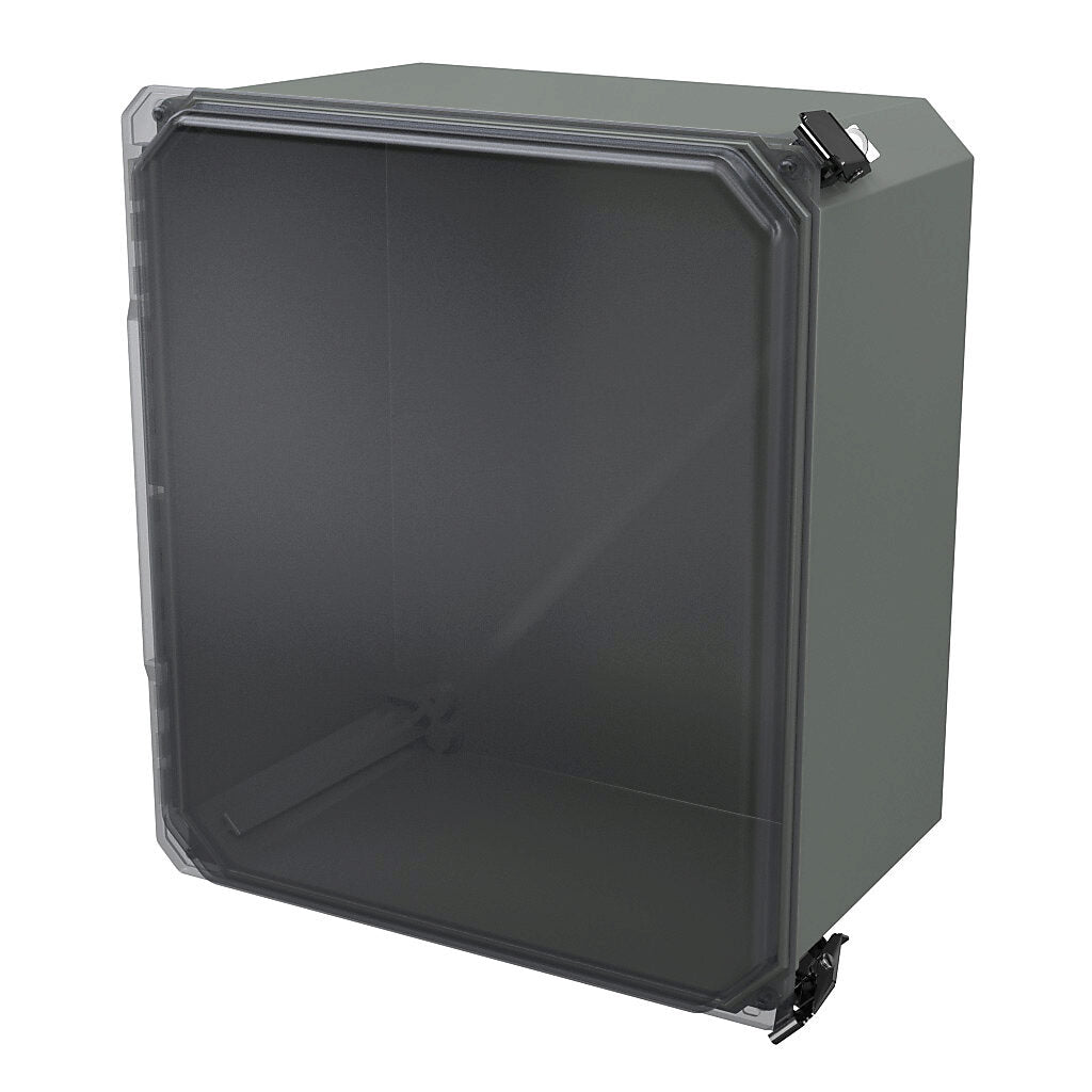 AttaBox Freedom series enclosure, NEMA 1/3/3S/4X/12/13, 14 x 12 x 8in (HxWxD), wall mount, fiberglass reinforced polyester, gray, clear polycarbonate single-door, (2) quick-release latches, padlock hasp and staple.-FRCC141208HPL