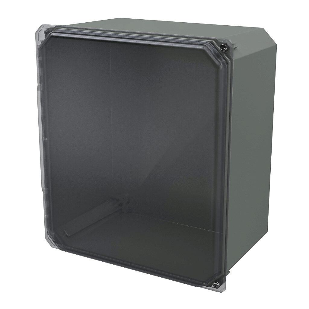 AttaBox Freedom series enclosure, NEMA 1/3/3S/4X/12/13, 14 x 12 x 8in (HxWxD), wall mount, fiberglass reinforced polyester, gray, clear polycarbonate hinged screw cover.-FRCC141208HW