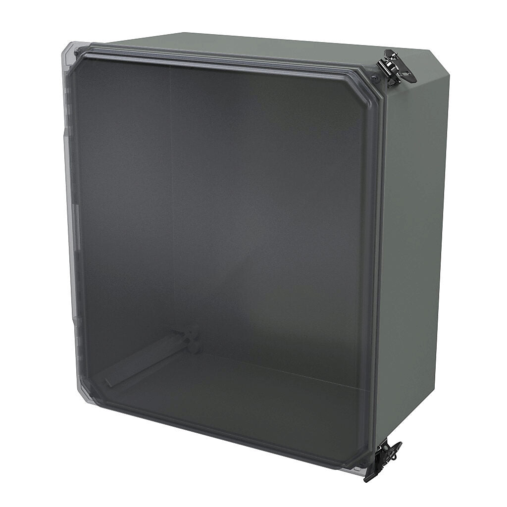 AttaBox Freedom series enclosure, NEMA 1/3/3S/4X/12/13, 16 x 14 x 8in (HxWxD), wall mount, fiberglass reinforced polyester, gray, clear polycarbonate single-door, (2) twist-lock latches, padlock hasp and staple.-FRCC161408HLL