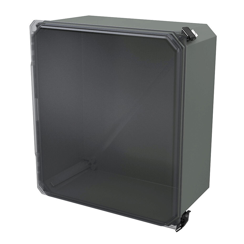 AttaBox Freedom series enclosure, NEMA 1/3/3S/4X/12/13, 16 x 14 x 8in (HxWxD), wall mount, fiberglass reinforced polyester, gray, clear polycarbonate single-door, (2) quick-release latches, padlock hasp and staple.-FRCC161408HPL